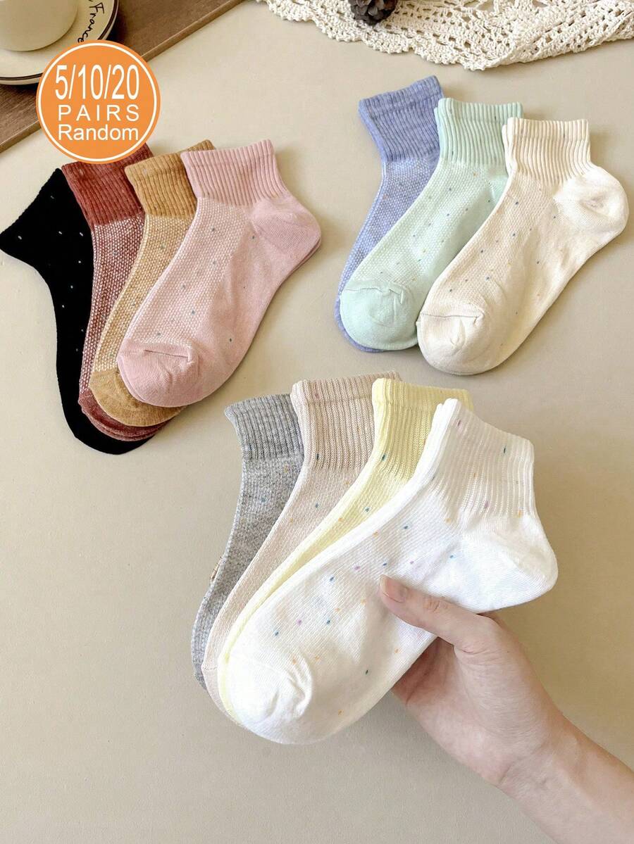 5/10/20 đôi tất nữ màu trơn ngẫu nhiên họa tiết chấm bi nhiều màu cá tính, thời trang dễ thương, mềm mại thoải mái, phù hợp mặc hàng ngày, thể thao, thường ngày, mọi mùa - nhiều màu - Xem 1