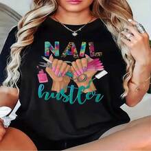 1 Piece Women's Short Sleeve T-Shirt, 100% Pure Cotton, Casual Crew Neck With Print, Breathable Short Sleeves For Everyday Wear. Nail Artist - 黑色 - 查看 2