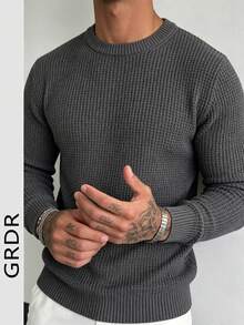 Men's Casual Jacquard Knit Crew Neck Long Sleeve Sweater - Dark Grey - View 2