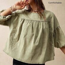 Blusa holgada de manga abullonada para vacaciones, verde - Negro01 - Ver 2
