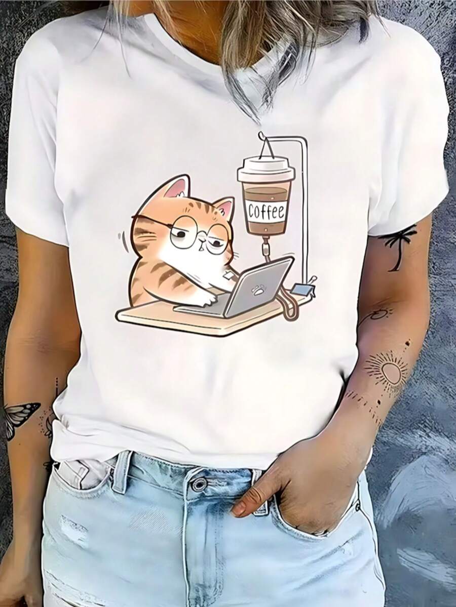 Camiseta de manga corta con cuello redondo y estampado sencillo para mujer, estilo holgado con estampado, top informal de estilo preppy. - Blanco - Ver 1