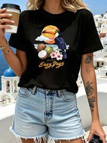 Camiseta 'Easy Days' con Estampado de Tucán Tropical para Vacaciones de Verano, Manga Corta, Cuello Redondo, Estilo Casual para Verano y Primavera, Ropa de Mujer - Negro - Ver 1