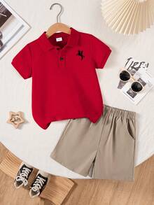 2pcs/Set Young Boy School Style Embroidered Red Short Sleeve Polo Shirt And Khaki Cargo Shorts, Suitable For School, Performance, Daily Activities And Group Events - Red - View 1