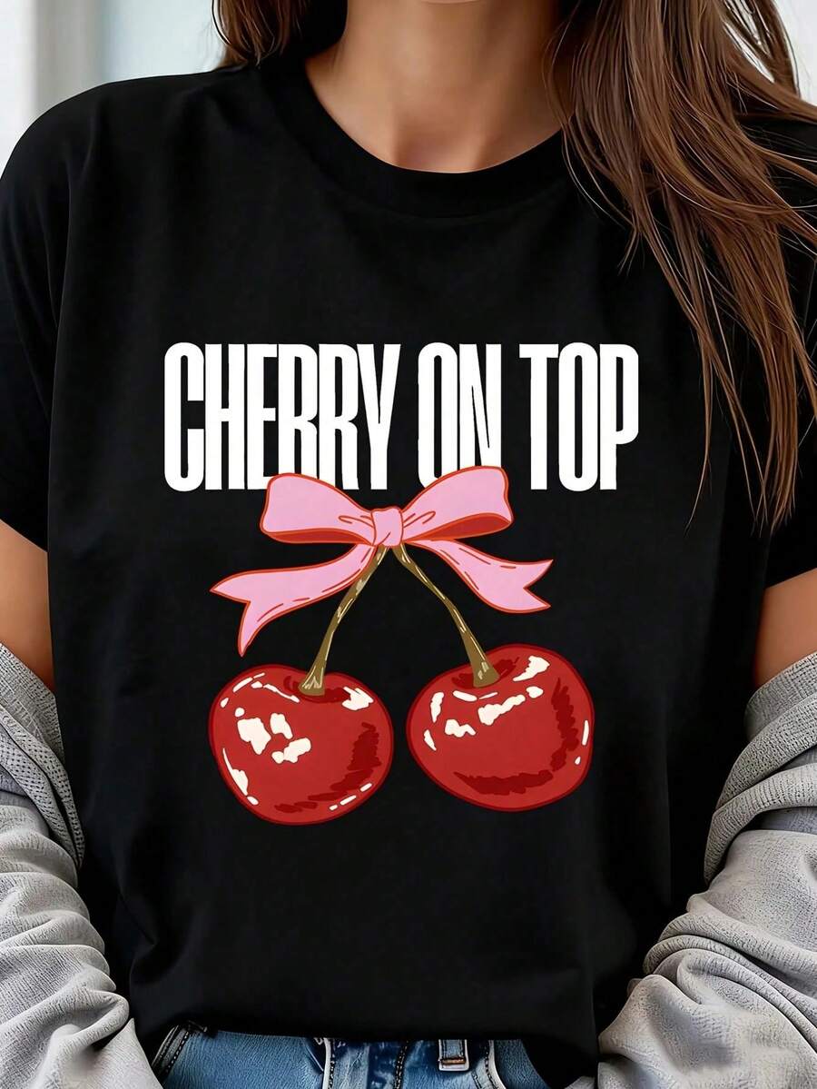 Cherry On Top 1 Pieza Camiseta de Talla Grande para Mujer, Camiseta Gráfica Oversize de Manga Corta 220g, Novedosa, 100% Poliéster, Camiseta Casual de Cuello Redondo - Negro - Ver 1