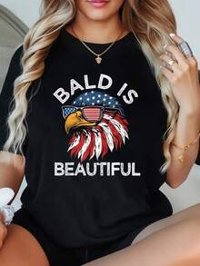 1 Pieza Camiseta Divertida de Talla Grande para Mujer con Estampado Gráfico de Águila y Bandera Americana para el 4 de Julio, Manga Corta, 220g, 100% Poliéster, Estilo Casual con Cuello Redo - Negro - Ver 1