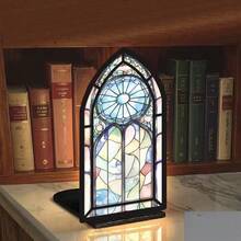 Christian Gothic Vintage 2D Acrylic Tabletop Ornament,Pointed Cathedral Arch Frame,Faux Stained Glass Golden Cross Purple Floral Sky Art Desk Decor,Bookshelf Display Gift For Catholic Believers & Faith Home Decor Lovers - 1PC - View 5
