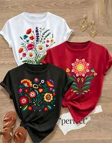 Conjunto set packk 3 camiseta blusa gráfica mujer dama básica manga corta cuello imitación bordado flores primavera verano noche casual corte cómoda fresca moderna juvenil colegio calle casa - Negro - Ver 1