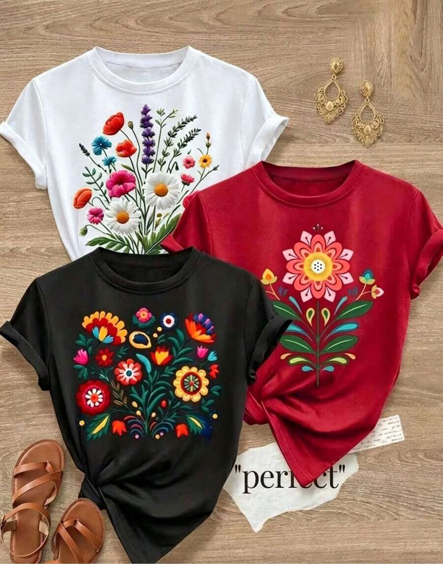 Conjunto set packk 3 camiseta blusa gráfica mujer dama básica manga corta cuello imitación bordado flores primavera verano noche casual corte cómoda fresca moderna juvenil colegio calle casa - Negro - Ver 1