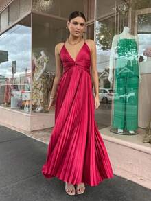 New European-American Spring-Summer 2026 Midi-Party Dress, Pleated, V-Neck, Straps, Wide Skirt - 紅色 - 查看 2