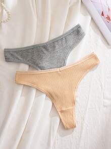9pcs Women's Solid Color Ribbed Sexy Thong Comfortable Ribbed Panties - Multicolor - View 6