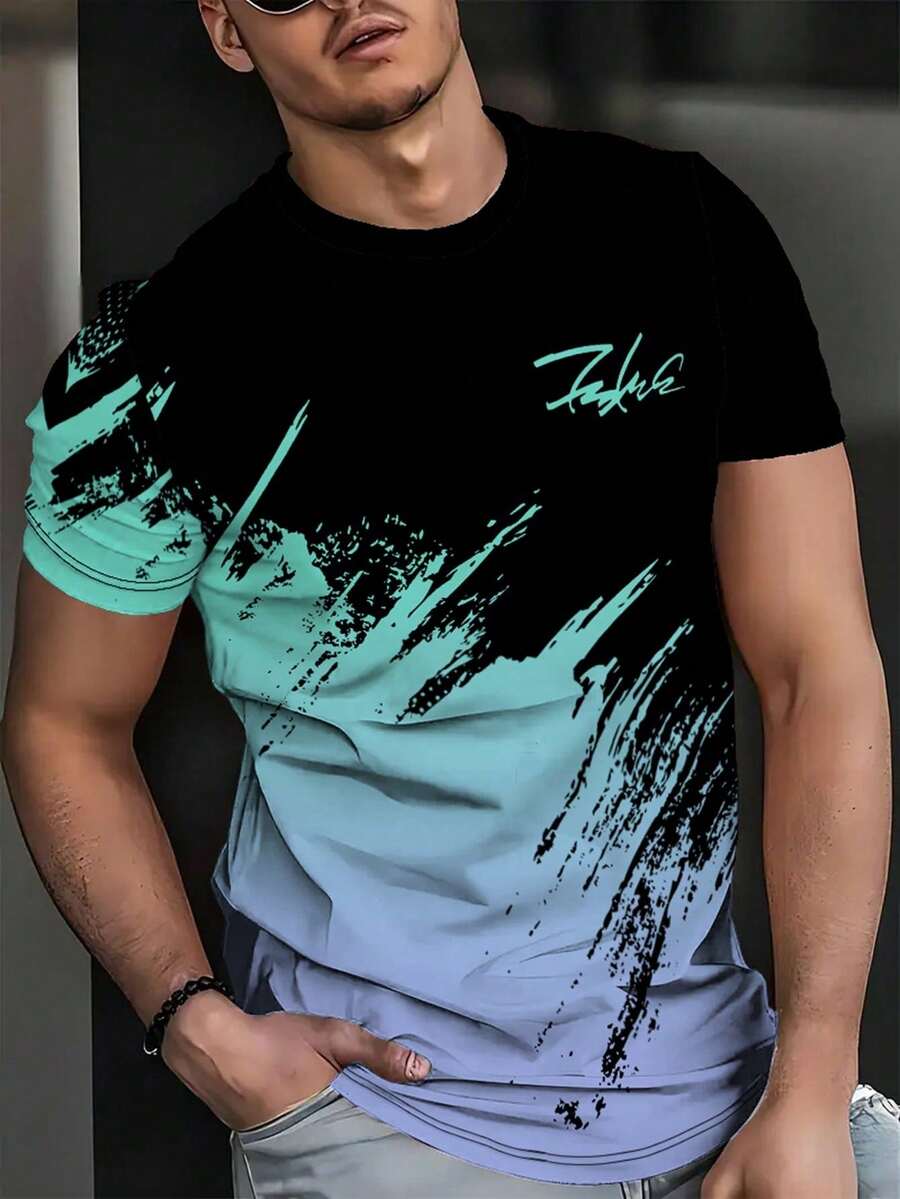 Camiseta de hombre con estampado en 3D de contraste blanco y negro, casual de manga corta para uso al aire libre en verano (Oriente Medio) - Multicolor 4 - Ver 1
