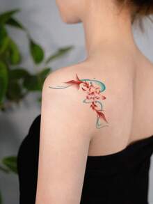 1pc Traditional Chinese Folk Color Carp Lotus Pattern Tattoo Sticker, Temporary Tattoo Sticker, Simulated Tattoo Design, Suitable For Travel, Music Festival, Games, Graduation Gifts, Lasts For 3-5 Days - Multicolor - View 5
