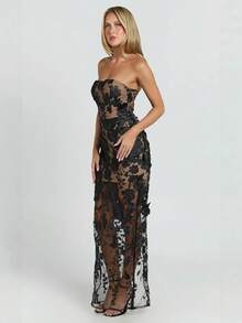 Women's Strapless Dress With Three-Dimensional Flowers, French Style, Luxurious, Lightweight, Elegant, Ideal For Parties, Ladies, Summer, Casual Fashion, New Collection - 黑色 - 查看 2