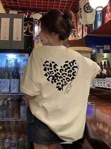 Kaos Wanita Kasual Leher Bulat Longgar dengan Motif Hati & Leopard dan Huruf, Serbaguna untuk Musim Semi/Panas - Aprikot - View 3