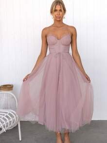 Women's Elegant European-Style Sheer Mesh Dress With Straps, Perfect For Dinner Parties, A New Fashion , And A Stylish, Feminine Casual Dress. - 粉色 - 查看 3
