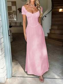 Women's Elegant Square Neck Maxi Dress, Puff Short Sleeve Tie Front A-Line Long Dress, High Waist Corset Detail Flowy Swing Dress, Casual Chic Evening Party Cocktail Dress, Summer Vacation - 粉色 - 查看 4