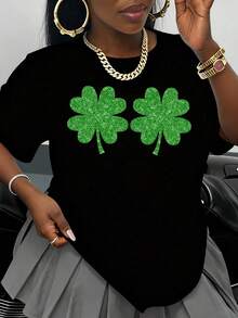 Black T-Shirt With Green Shamrock Design, St. Patrick's Day Costume, Funny Lucky Shamrock Graphic Tee, Casual Women's Top, Festive Outfit For The Celebration - 黑色 - 查看 1