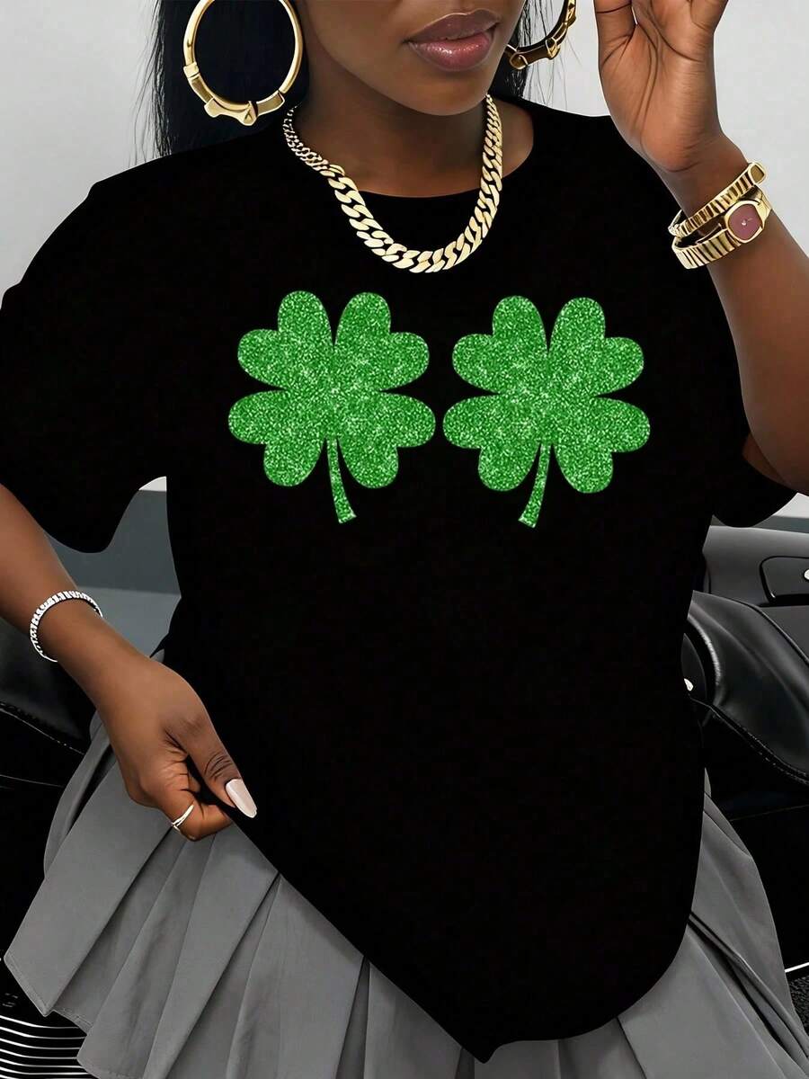 Black T-Shirt With Green Shamrock Design, St. Patrick's Day Costume, Funny Lucky Shamrock Graphic Tee, Casual Women's Top, Festive Outfit For The Celebration - 黑色 - 查看 1