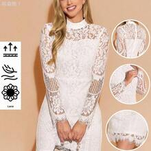 jianchaimaoyi02  Vestido de mujer con dobladillo de encaje elegante, nueva llegada de otoño, vestido de manga de encaje blanco - Multicolor - Ver 2