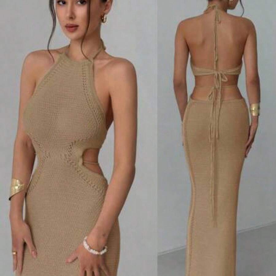yonghongmaoyi1 Nuevo vestido de playa de ganchillo para vacaciones de verano, vestido romántico con espalda hueca y cordones, diseño de cola de pez - Caqui - Ver 1
