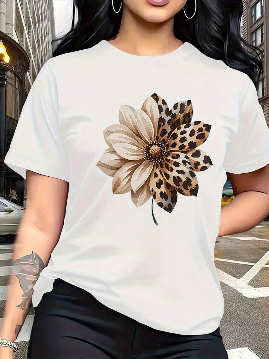 Women's Short-Sleeved, Round-Neck T-Shirt With A Modern Floral Print And Leopard Details. A Versatile Garment, Ideal For Leisure And Everyday Wear. - 白色的 - 查看 1