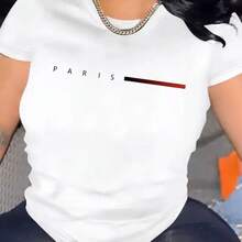 Camiseta de Mujer con Bandera de París, Cuello Redondo, Cómoda, de Mezcla de Algodón, Manga Corta, Suave y Transpirable, Ropa de Mujer, Camiseta de Verano y Primavera, Estilo Urbano, Tejido - negro - Ver 2