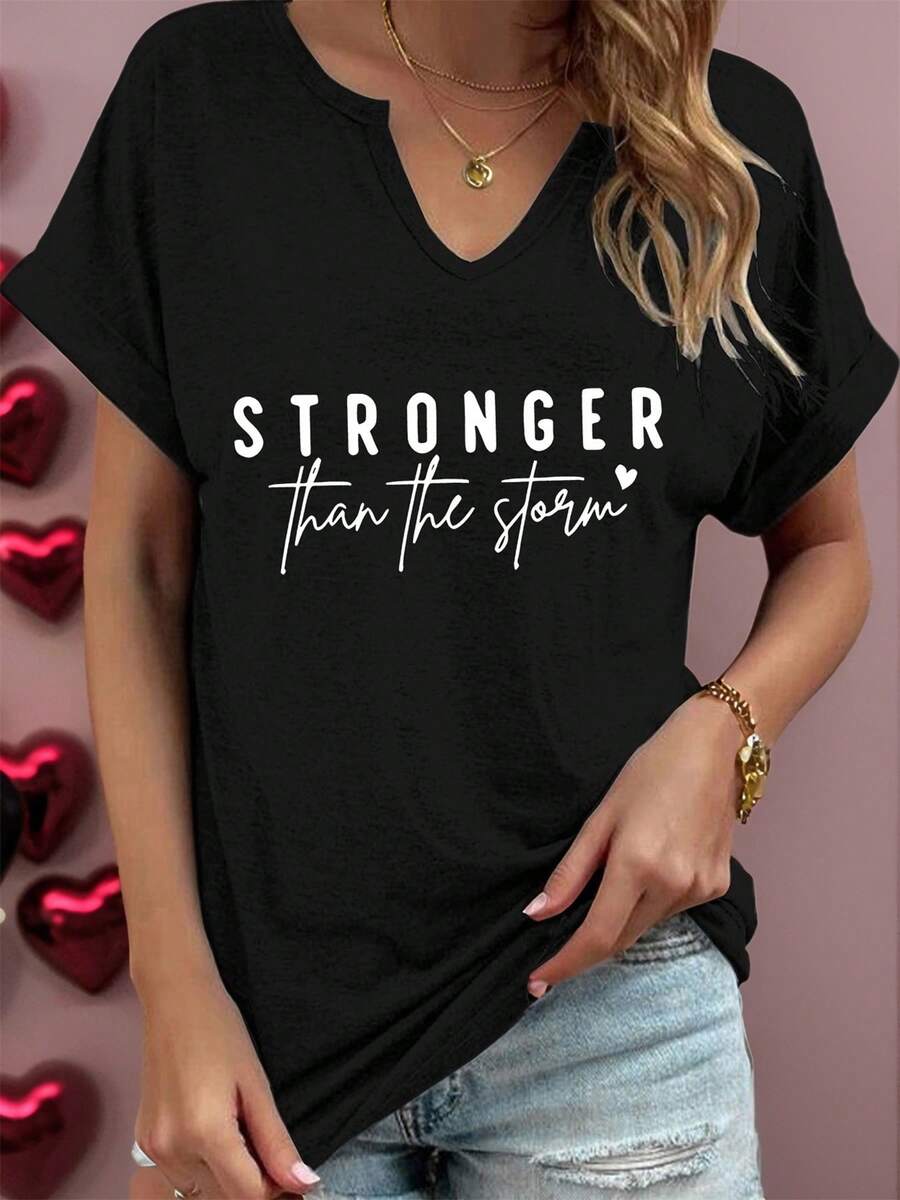 Camiseta de Moda para Mujer con Estampado de Letras Divertidas, Cuello en V Casual, Manga Enrollable con Muescas, Ropa de Mujer para Primavera y Verano - Negro - Ver 1