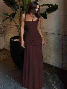 Elegant Sleeveless Long Party Dress For Women, Solid Color, European Style, New Fashion Wrap Dress - 咖啡 - 查看 3