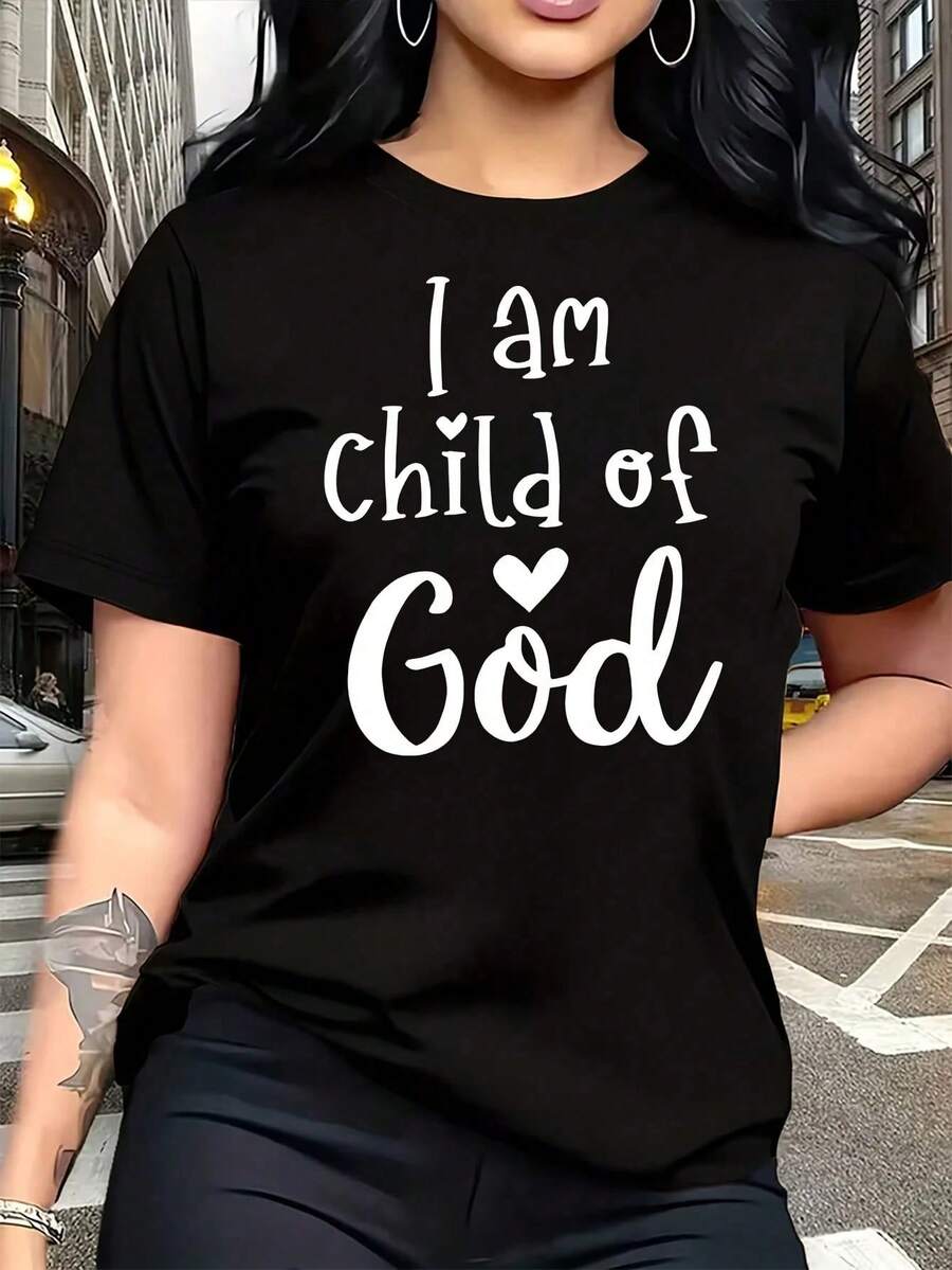 Women's Plus Size T-Shirt With "I Am Of God" Print, Fun, Short Sleeve, Graphic Design, 100% Cotton, Round Neck, Casual Style, 220g - Black - View 1