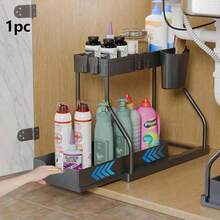 1pc/2pcs Sink Storage Rack, Double Layer L-Shaped Structure With Hooks And Pull-Out Tray, Drill-Free Installation, Suitable For Kitchen Sink Under-Counter Storage, Home Desktop Organization - Multicolor - View 14