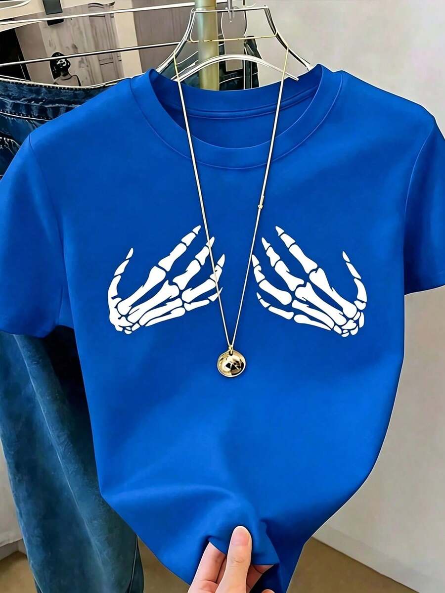 Women's White T-Shirt With Skeleton Hand Print On Chest, Casual Short Sleeve Gothic And Aesthetic Style T-Shirt, Soft And Breathable Fashionable Alternative Modern Top - 藍色的 - 查看 1