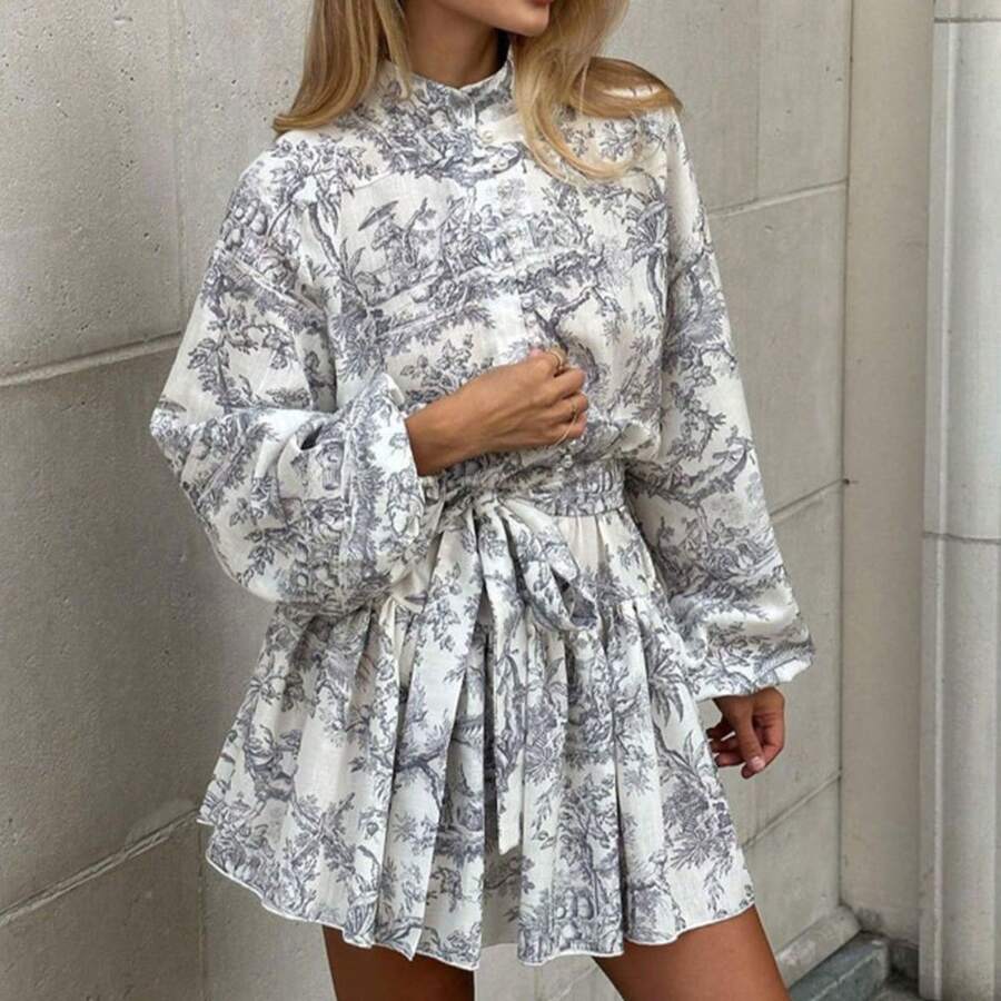 Vestido corto estampado nueva primavera para mujer, estilo elegante y moderno, con cintura ajustada y lazos - Gris - Ver 1