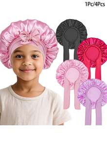 Awegeo 1Pc/4Pcs Children's Printed Silky Satin Tie-Up Sleep Cap – Fashionable & Comfortable, Breathable & Non-Slip, Suitable For Daily Hair Care - Multicolor - View 2