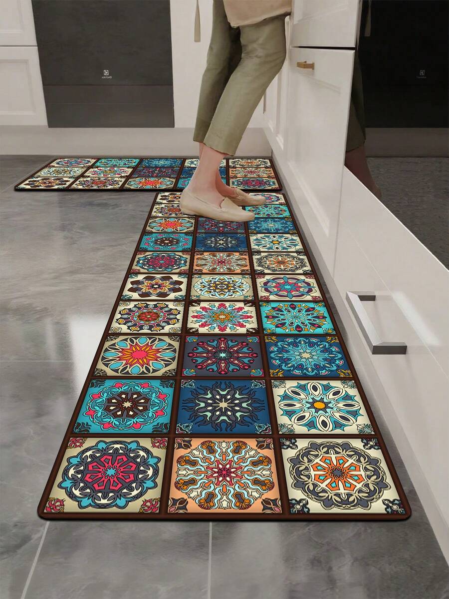 1pc Diatomaceous Earth Vintage Floral Tile Kitchen Mat, Mandala Pattern, 3.5mm 3-Layer Thickened Cuttable, Absorbent Non-Slip, Kitchen Bathroom Entryway Hallway Outdoor Whole House Universal Carpet - Multicolor - View 1