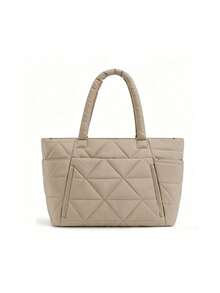 New Fashionable Classic Multifunctional Solid Color Tote Bag, Solid Color Design, Quilted Decoration, Shoulder Tote Bag, Double Handles, Fashionable Women's Shoulder Bag, Business Bag - 象牙色 - 查看 3