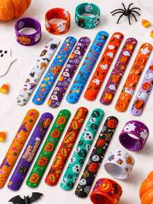 12/24pcs Halloween Elastic Bracelet Set: Includes Pumpkin, Ghost, Bat And Spider Pattern Halloween Themed Elastic Bracelets. Perfect As Halloween Party Favors, Gift Bag Fillers. - Multicolor - View 6