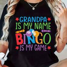 Camiseta Gráfica para Mujer con Estampado de "Bingo es Mi Juego" - Cuello Redondo, Manga Corta, Estilo Casual, Ideal para Primavera y Verano, Ropa Informal| Camiseta de cuello redondo| Camis - negro - Ver 2