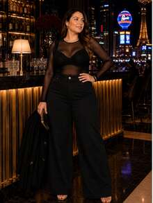 Women's Wide Leg Plus Size Pants, Chocolate Brown - 黑色 - 查看 1