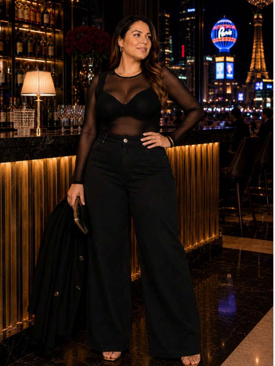 Women's Wide Leg Plus Size Pants, Chocolate Brown - 黑色 - 查看 1