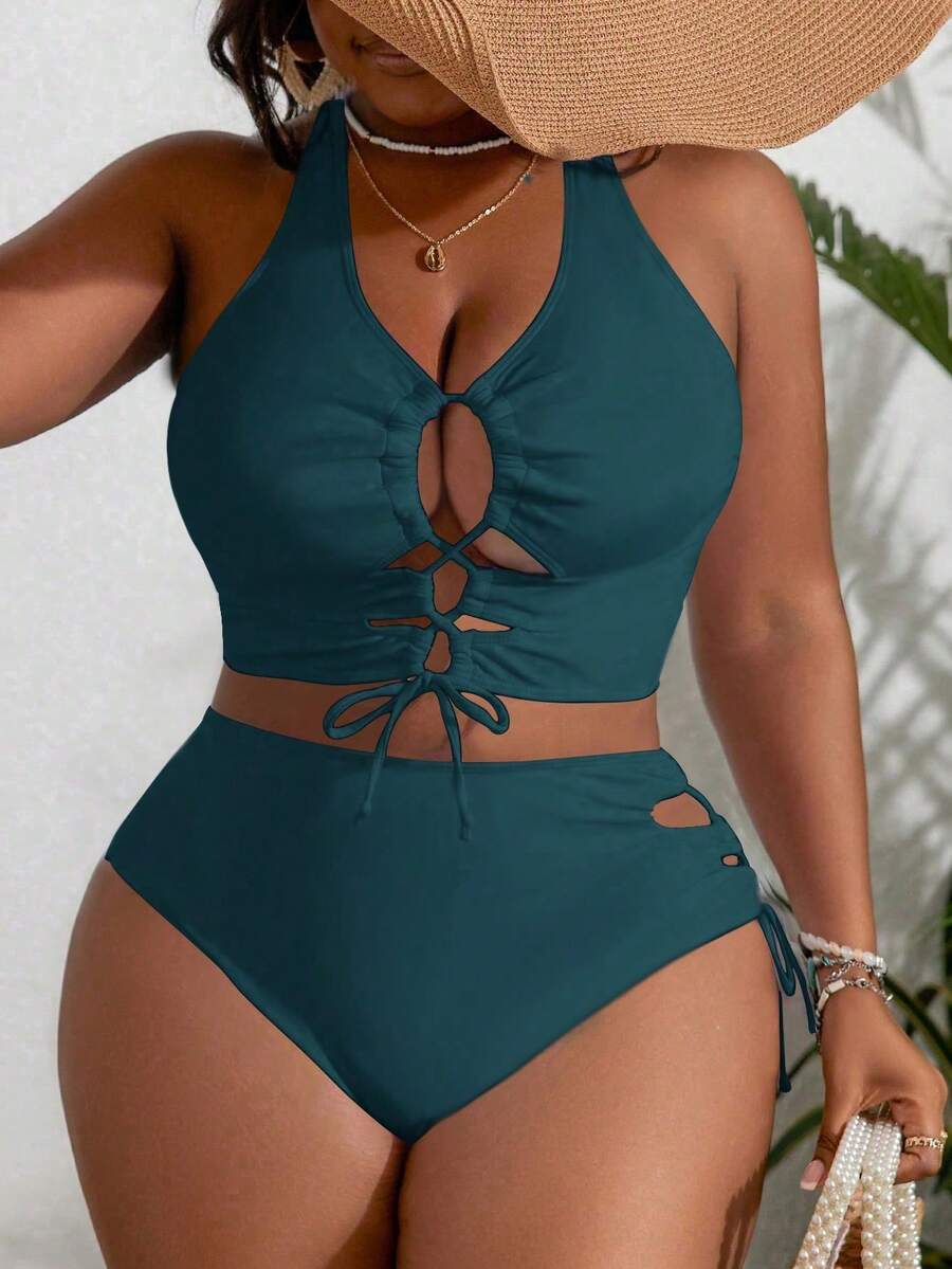 One-Size Bikini Set With Front Tie Top And Solid Color Bottom For Summer - Blue-green Water - View 1