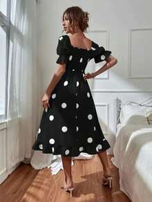 Sweet Feminine Dress With Large Polka Dots And Scalloped Edges - Black - View 3