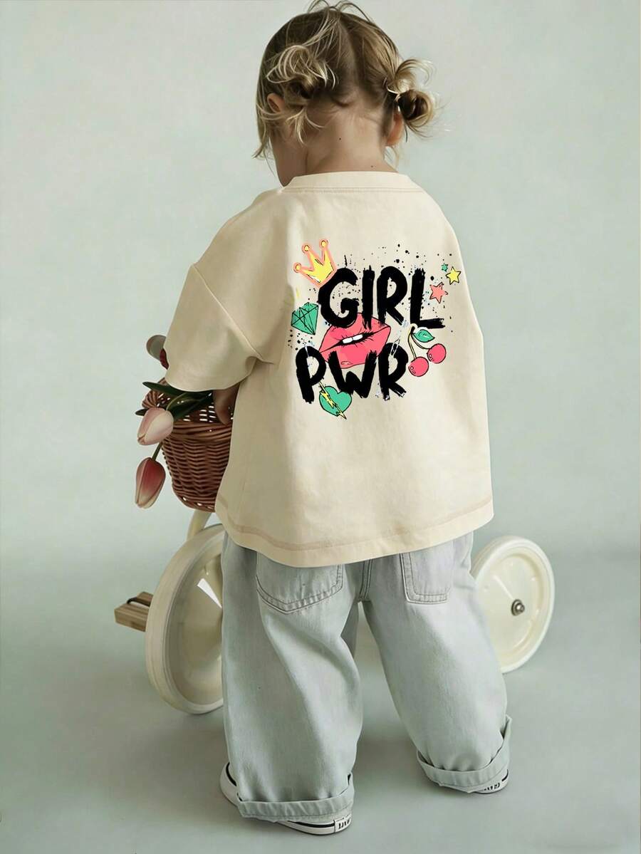 幼童女童 Girl Power 唇印櫻桃星星印花柔軟基礎款T恤 - 杏色 - 查看 1