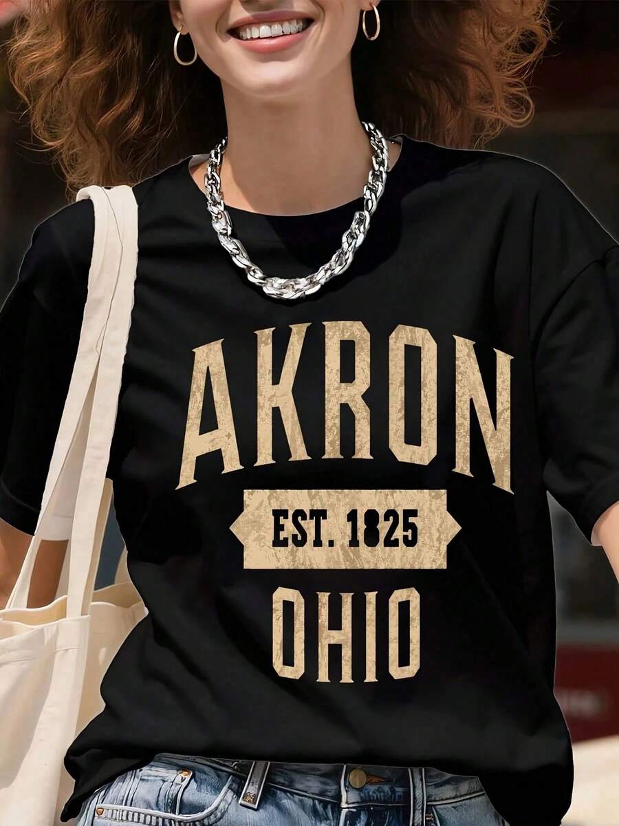 Vintage White T-Shirt Akron Ohio Est. 1825 For Men And Women, Unisex, Casual Urban Style, Graphic Print T-Shirt, Summer Clothing, Fashion Gift - 黑色 - 查看 1