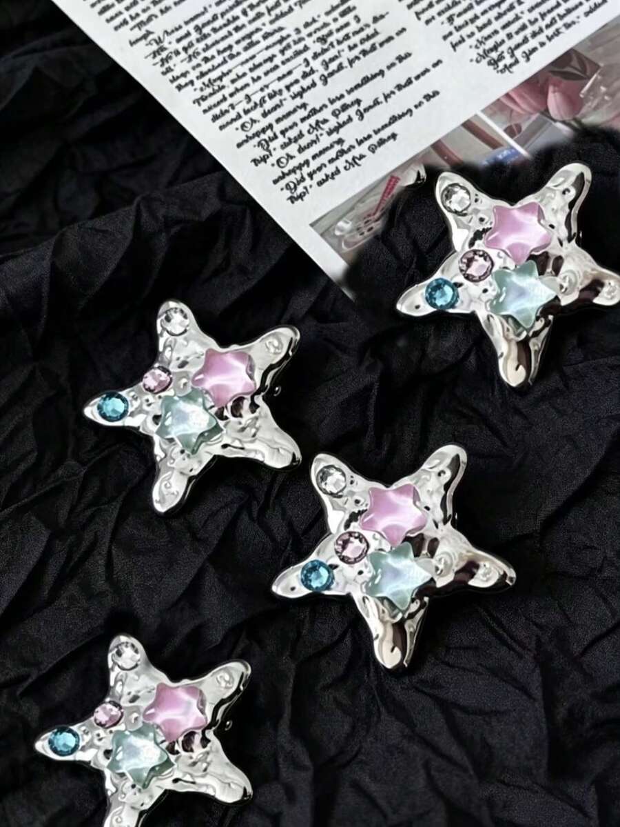 1/2/4入 Y2K彩色水晶星形鱷魚髮夾,銀色金屬髮夾,適合日常與派對配戴,髮爪夾 - 彩色 - 查看 1