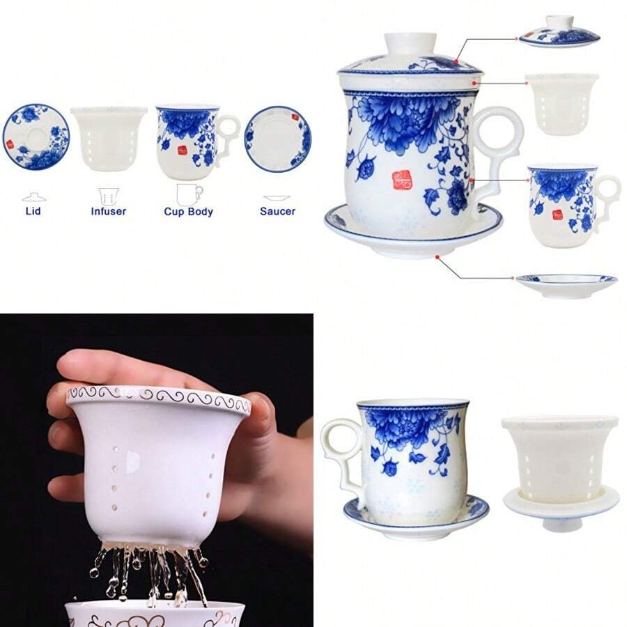 Porcelain Tea Cup with Infuser Lid and Saucer Sets - Chinese Jingdezhen Ceramics Coffee Mug Teacup Loose Leaf Tea Brewing System for Home Office - Azul - Ver 1