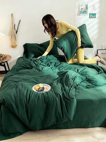 1 Funda nórdica + 2 Fundas de almohada, Juego de 3 piezas, Suave y amigable con la piel en color verde oliva, Lavable a máquina, Para todas las estaciones - Verde Oscuro - Ver 7