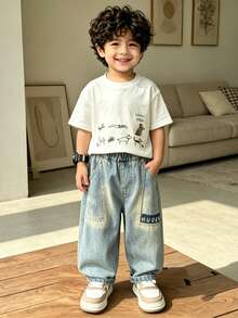 Young Boy Loose Comfortable Straight Leg Pocket Denim Pants Suitable For Daily School Wear - Baby Blue - View 9