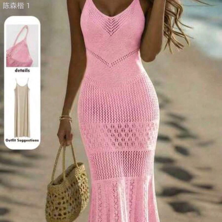 jianchaimaoyi02 Holidaya Nuevos vestidos de verano para mujer, vestido maxi de punto calado beige - tirantes finos, escote en V, patrón de encaje en capas, cintura ajustada, - Rosa - Ver 1