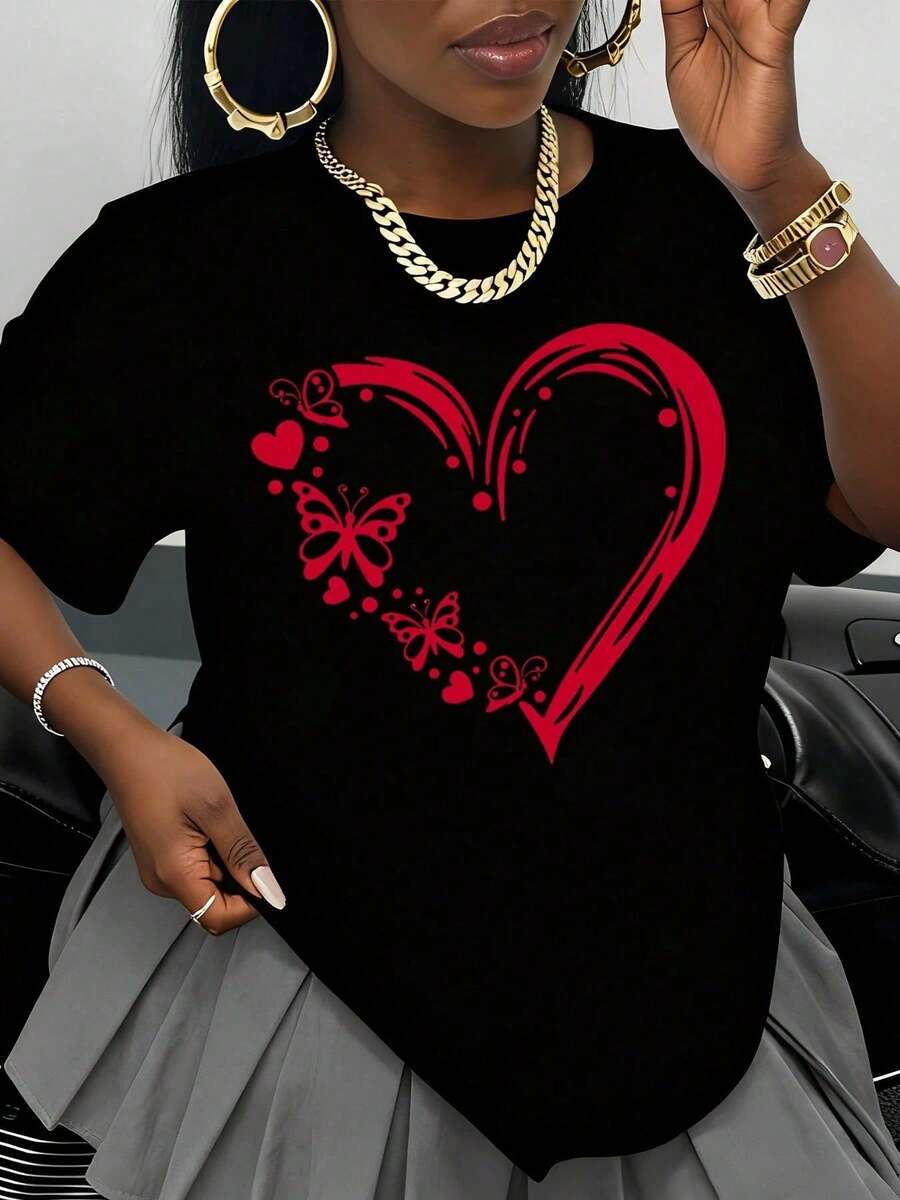 White T-Shirt With Red Heart And Butterfly Design, Cute Women's T-Shirt For Valentine's Day, Casual Summer Clothing For Women, Romantic Gift Idea, Graphic T-Shirt - 黑色 - 查看 1