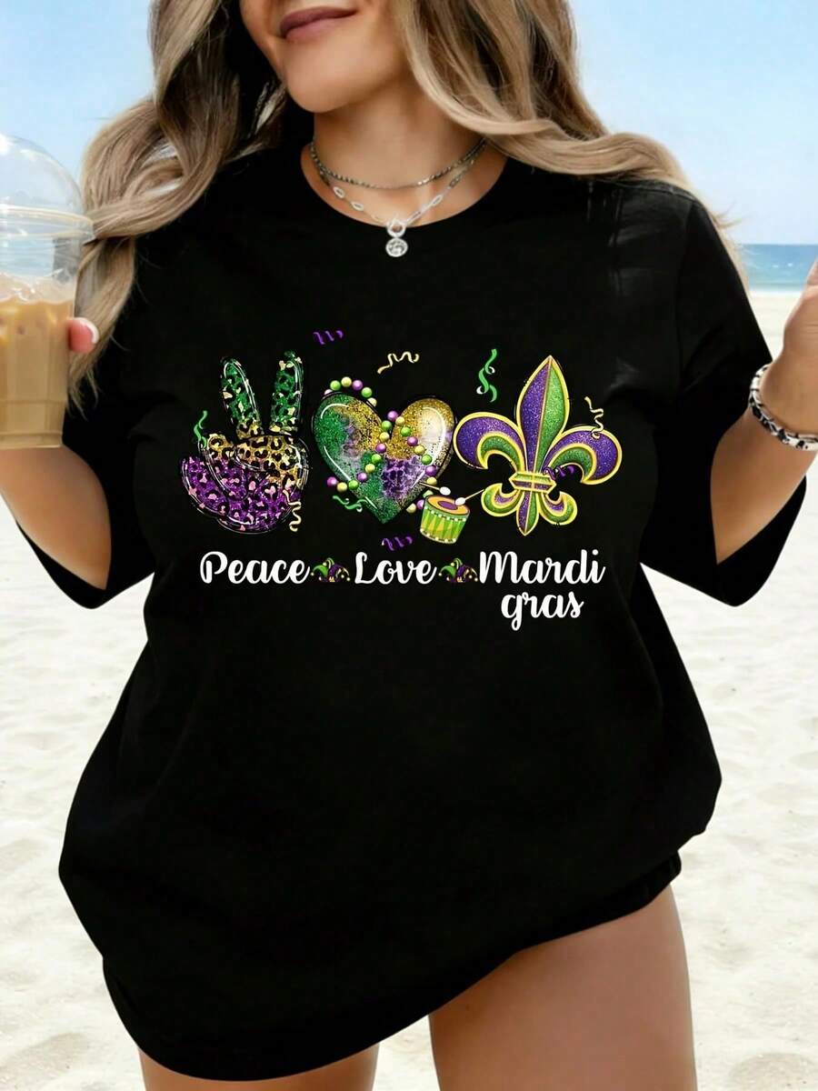 Camiseta Peace Love Mardi Gras con diseño de flor de lis y símbolo de paz para mujer, ideal para fiestas en la playa y festivales, top casual blanco. - Negro - Ver 1